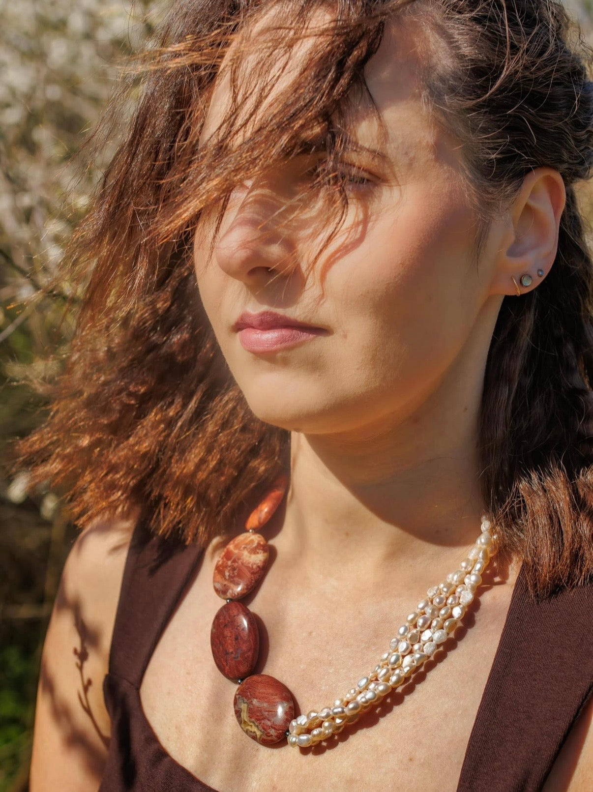 Necklace PEARLS, RED JASPER