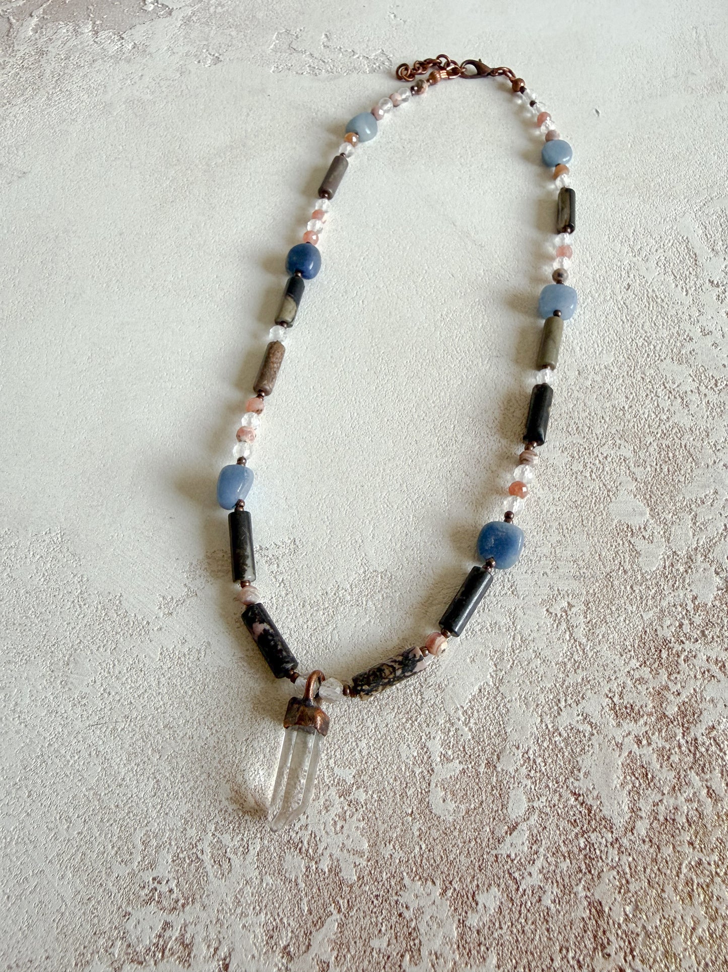 Necklace CLEAR QUARTZ, RHODONITE, RHODOCHROSITE, BLUE AVENTURINE