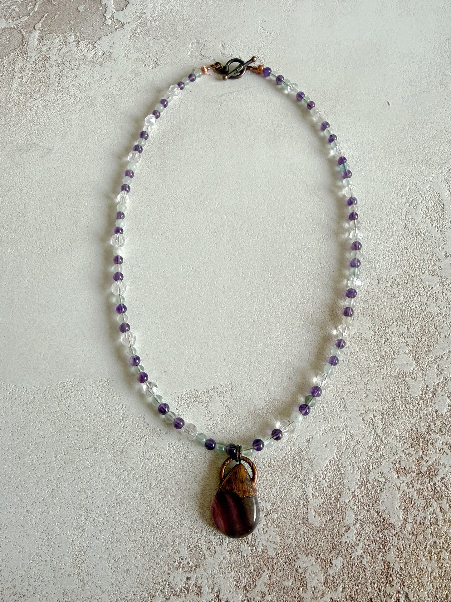 Necklace FLUORITE, AMETHYST, CLEAR QUARTZ