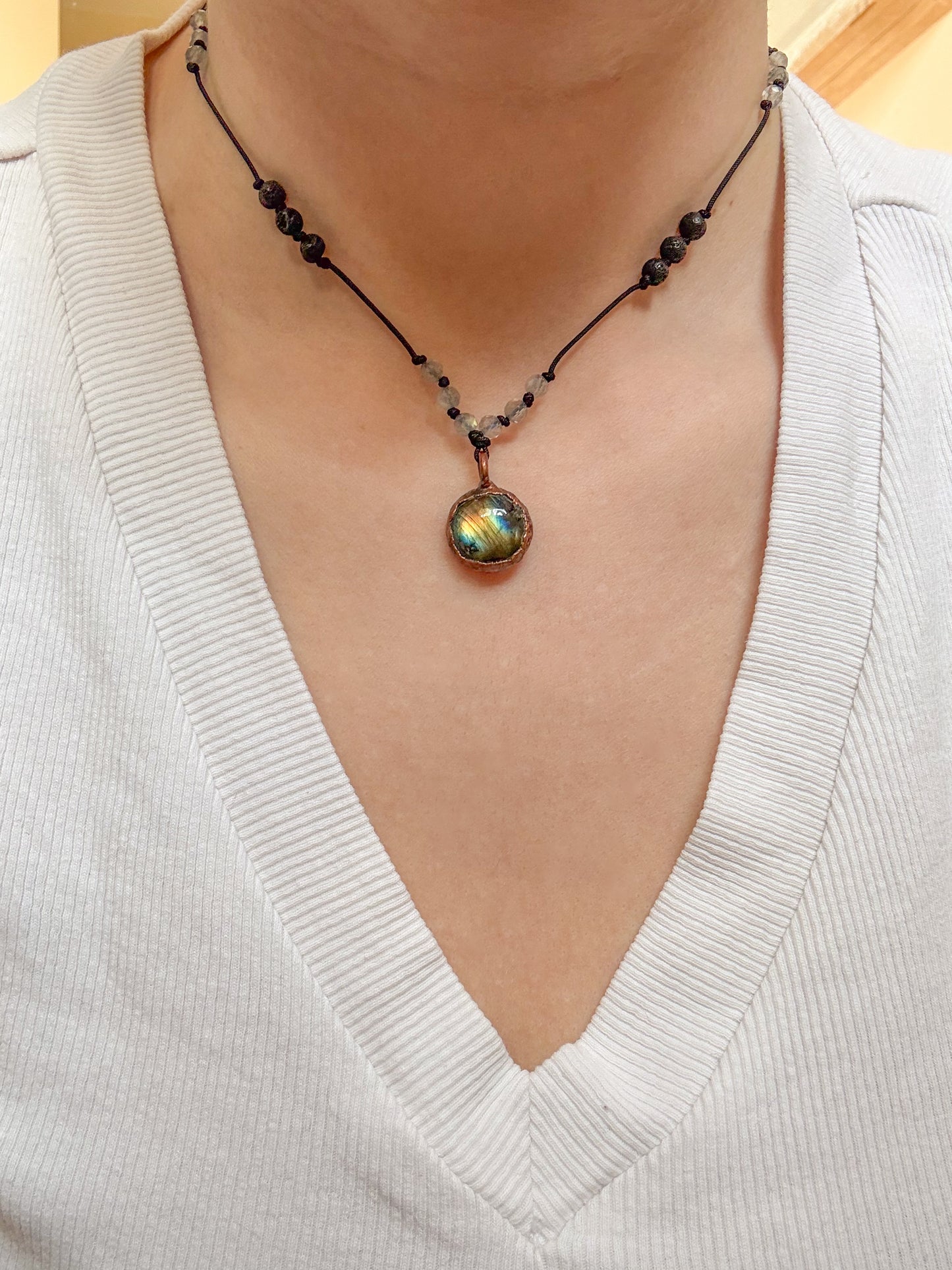 Necklace LABRADORITE, VOLCANIC LAVA STONE