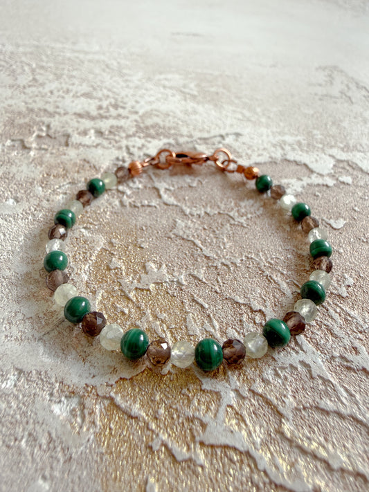 Bracelet MALACHITE, PREHNITE, SMOKY QUARTZ
