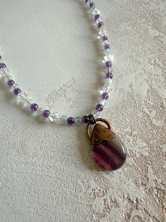 Necklace FLUORITE, AMETHYST, CLEAR QUARTZ