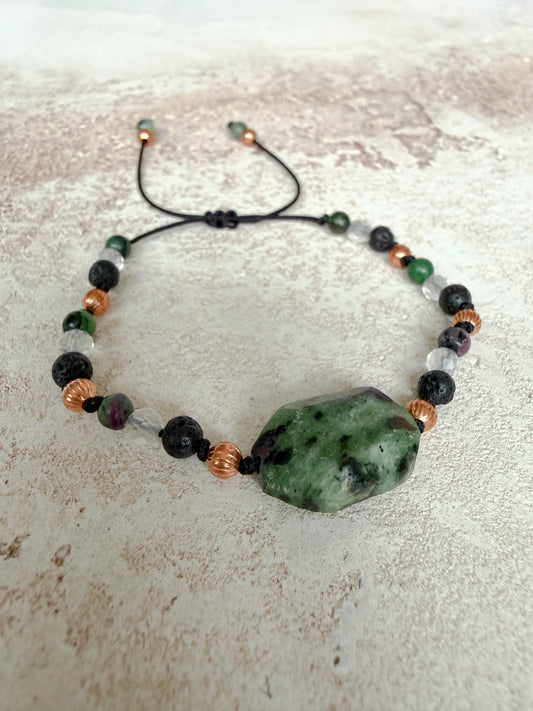 Bracelet ZOISITE IN RUBY, VOLCANIC LAVA STONE, CLEAR QUARTZ