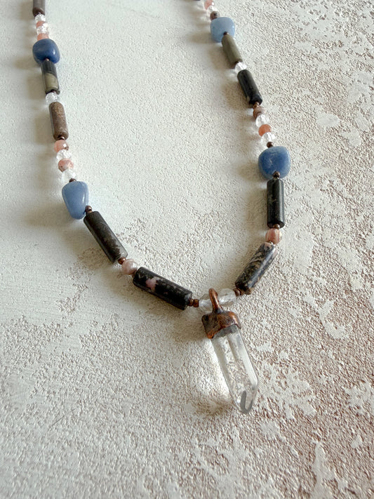 Necklace CLEAR QUARTZ, RHODONITE, RHODOCHROSITE, BLUE AVENTURINE