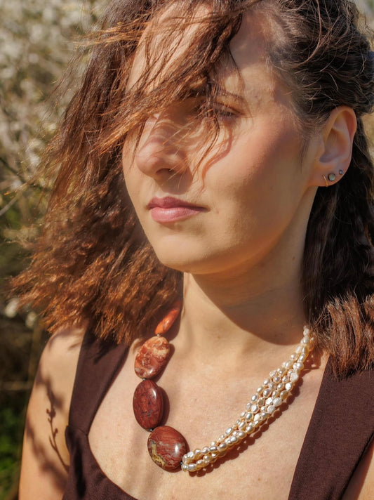 Necklace PEARLS, RED JASPER