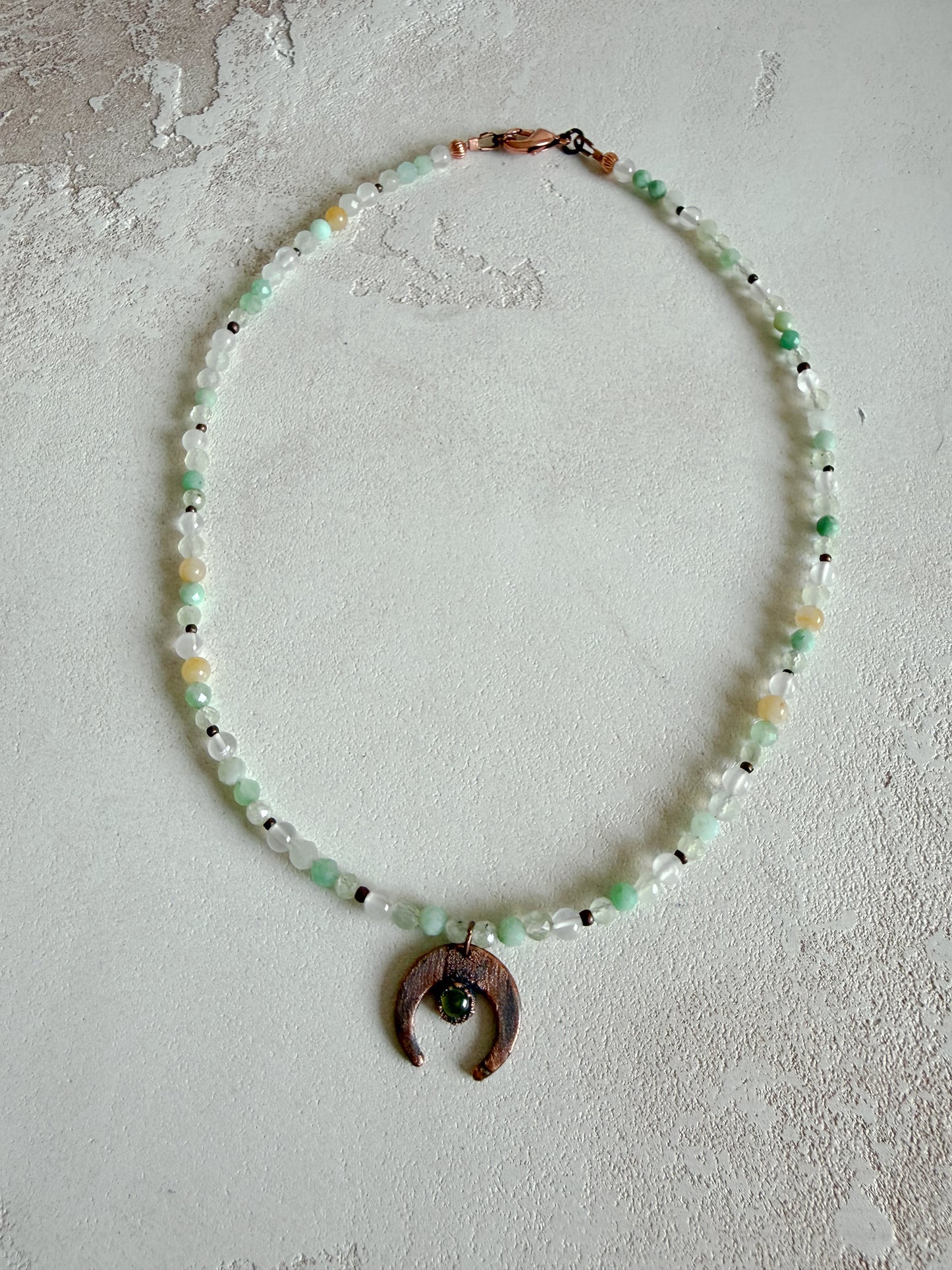 Necklace PERIDOT, PREHNITE, CHRYSOPRASE, JADEITE, SELENITE