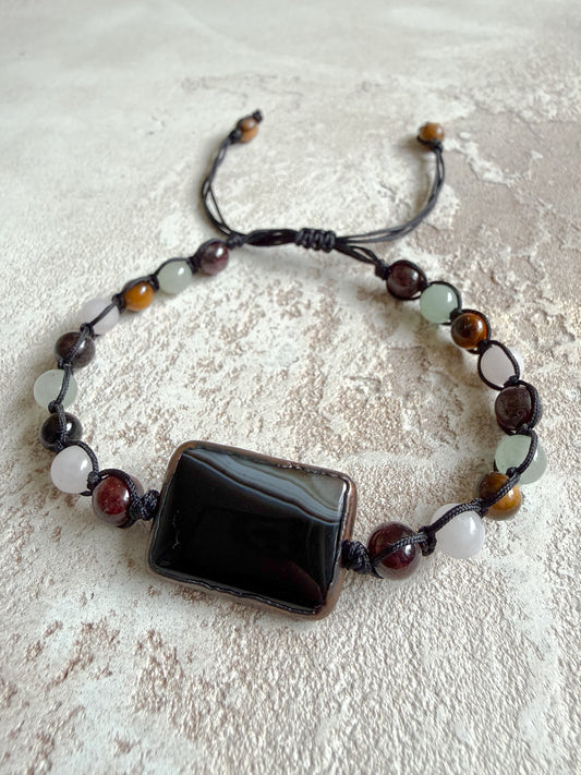 Men’s bracelet BLACK AGATE, GARNET, ROSE QUARTZ, TIGER’S EYE, GREEN AVENTURINE