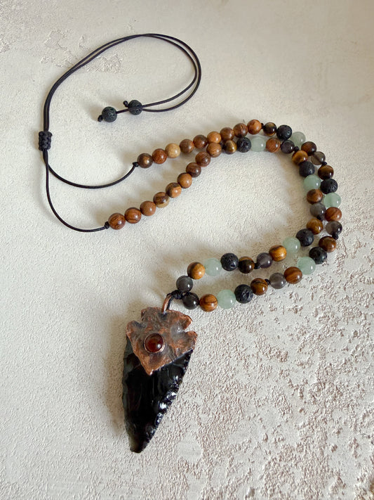 Men’s necklace AMBER, OBSIDIAN, GREEN AVENTURINE, LAVA STONE, TIGER’S EYE, SANDALWOOD